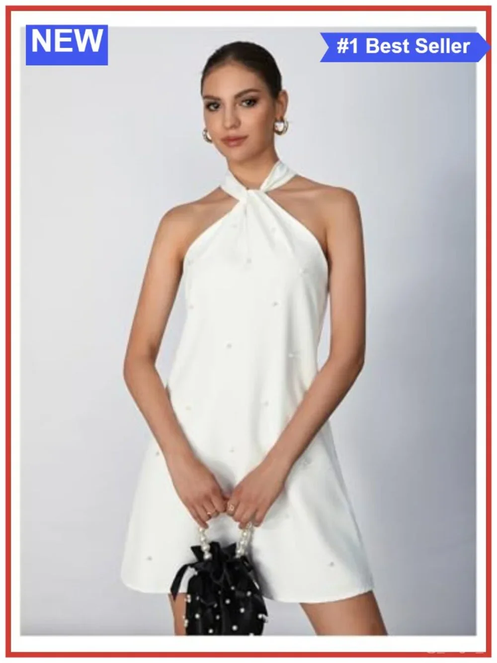 Floerns Pearl Beaded Halter Tie Back Sleeveless A-line Midi Dress